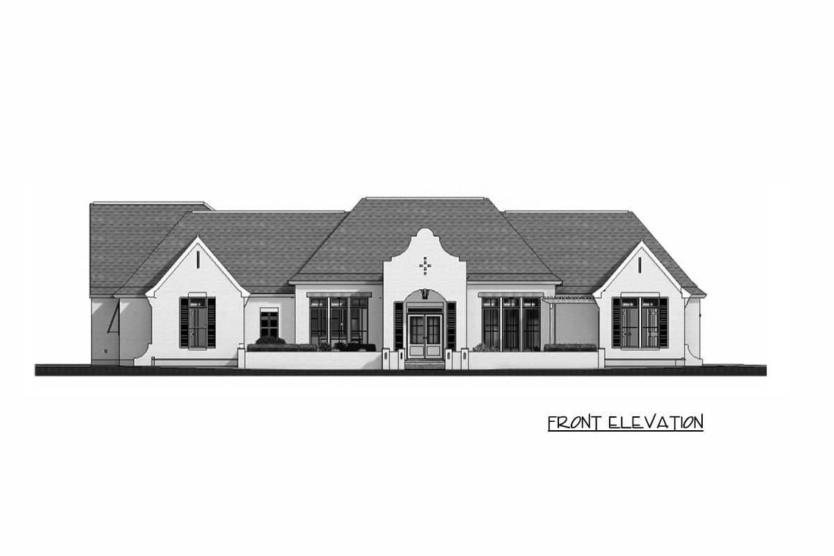 Front elevation drawing of a one-story house with multiple gables, a central arched entry, and numerous windows.