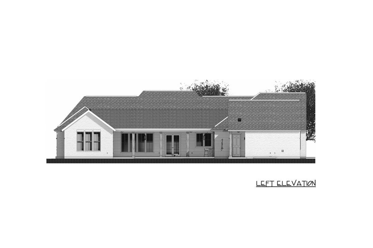 Left elevation of a one-story house plan with gables, a covered porch, and attached garage.