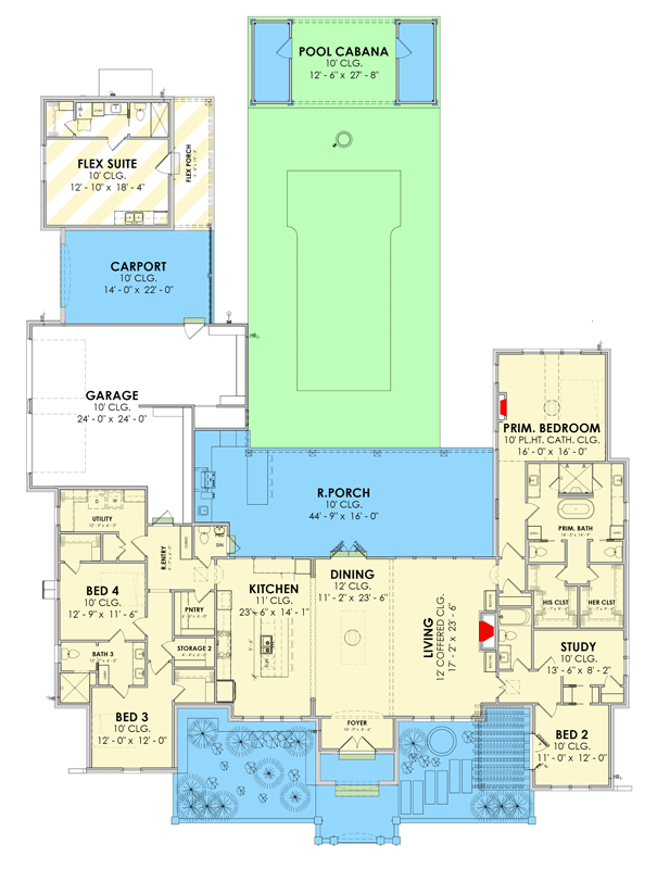 Plan 185027PHD: Single Story Modern French Country Home Plan with 4 Bedrooms and Private Pool Cabana - Floor Plan - Main Level - Acadian, French Country, Louisiana-Style, Ranch, Southern, Southwest