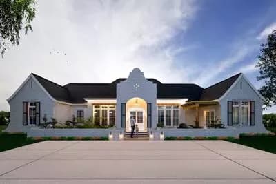 Single Story Modern French Country Home Plan with 4 Bedrooms and Private Pool Cabana