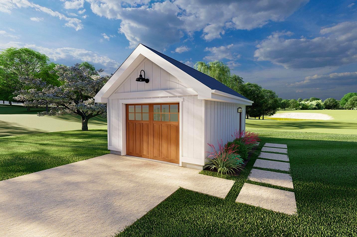 House plan exterior: Modern Farmhouse style garage with a wood door, gabled roof, and vertical siding.
