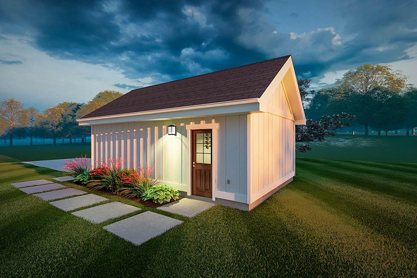 One-story house plan exterior with board and batten siding, dark gable roof, and a wooden front door with glass panes.