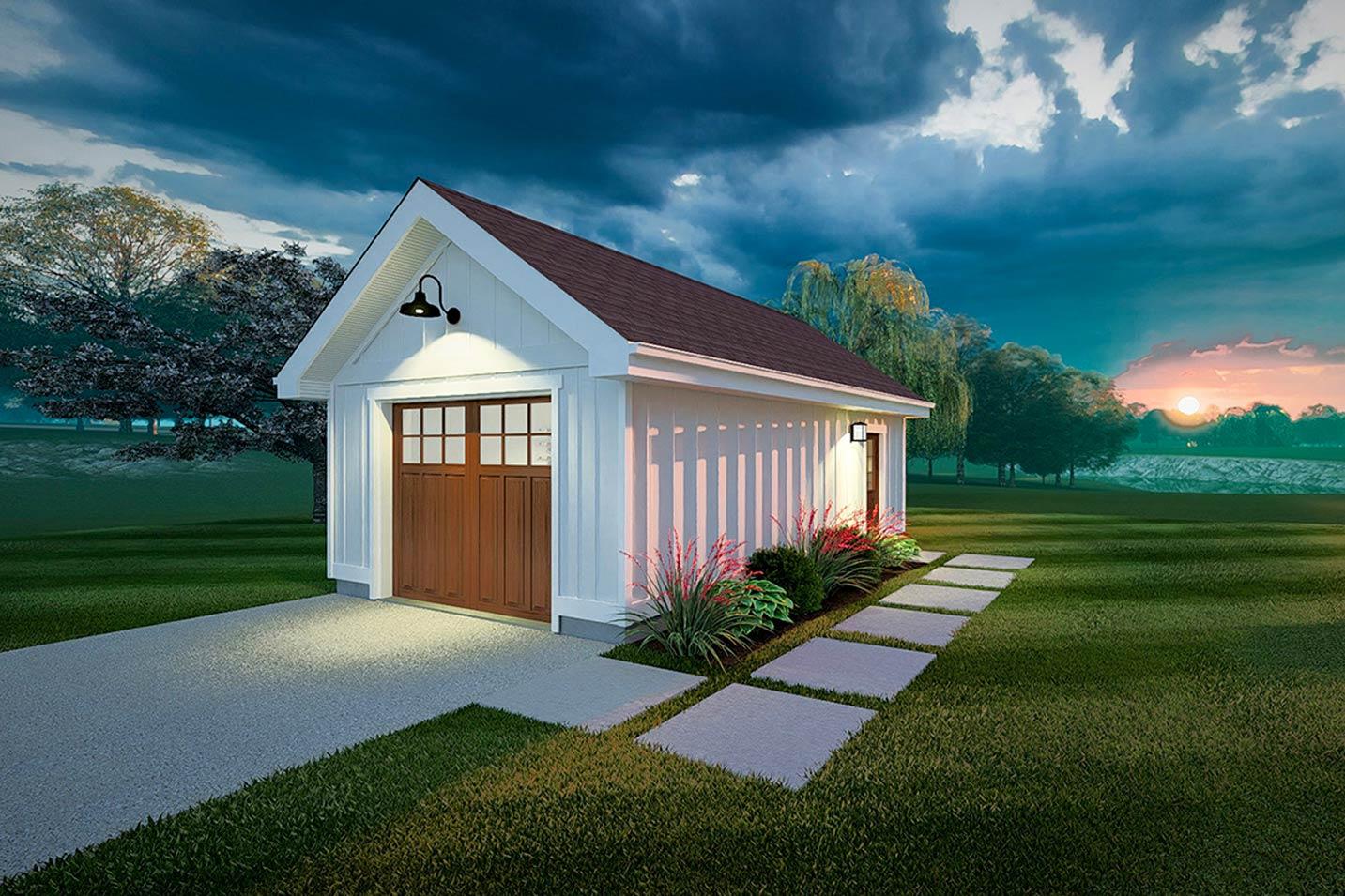 Modern farmhouse one-story garage exterior with gable roof, wood panel door, and side entrance.