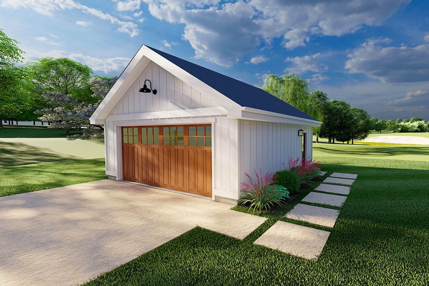 House plan exterior of a one-story Modern Farmhouse garage with a gable roof, board and batten siding, and a wood-paneled garage door.