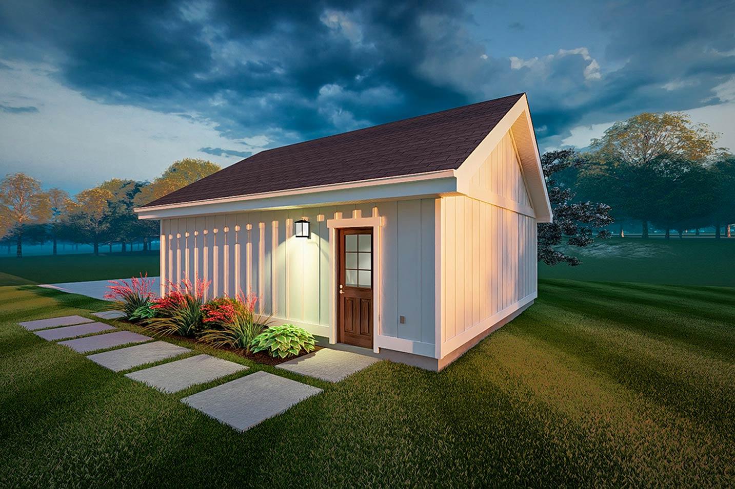 House plan exterior, one story with vertical siding, gable roof, and a central front door with a single light.