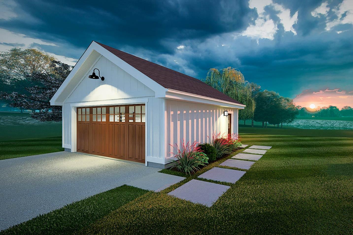 Modern Farmhouse style garage with white vertical siding, a prominent gable, and a dark wood carriage door. House plan exterior.