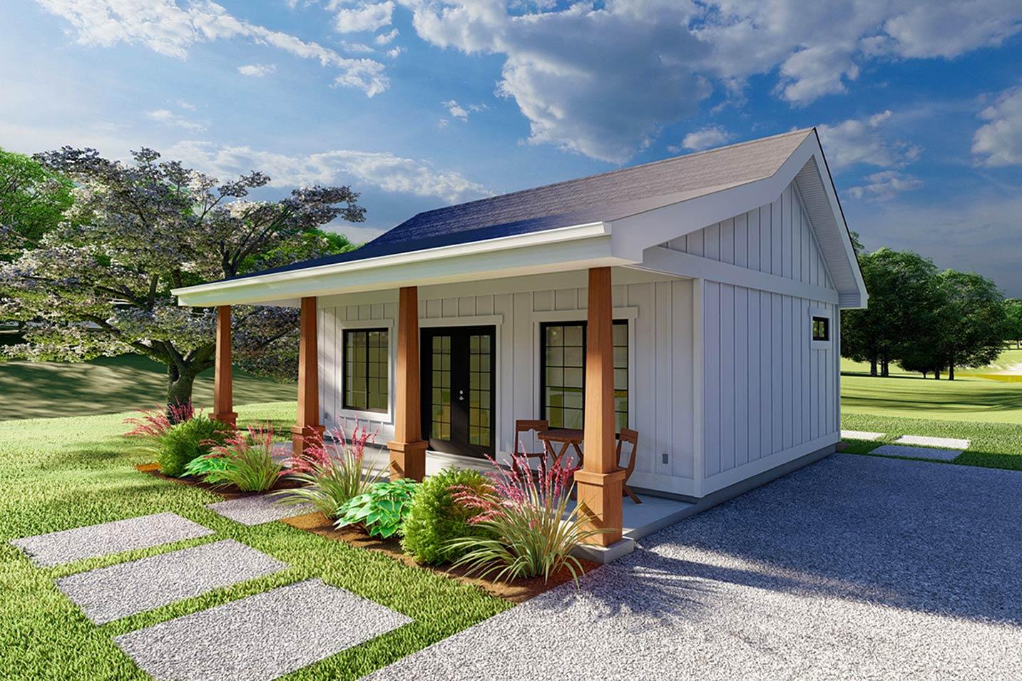House plan exterior of a one-story Modern Farmhouse with a covered porch, board and batten siding, and gabled roof.