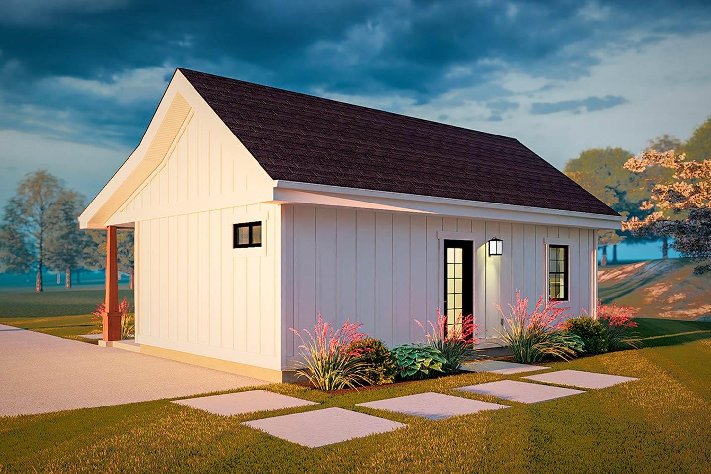 House plan exterior, one story, white vertical siding, gabled roof, single front door with transom, and one side window.
