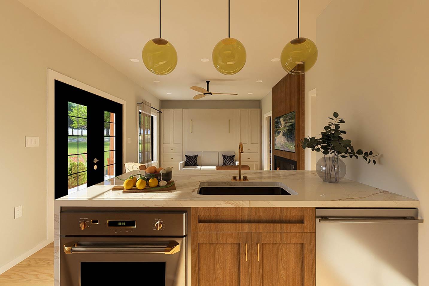 Interior rendering showing a kitchen island with sink, modern oven, and view of great room with fireplace and television.