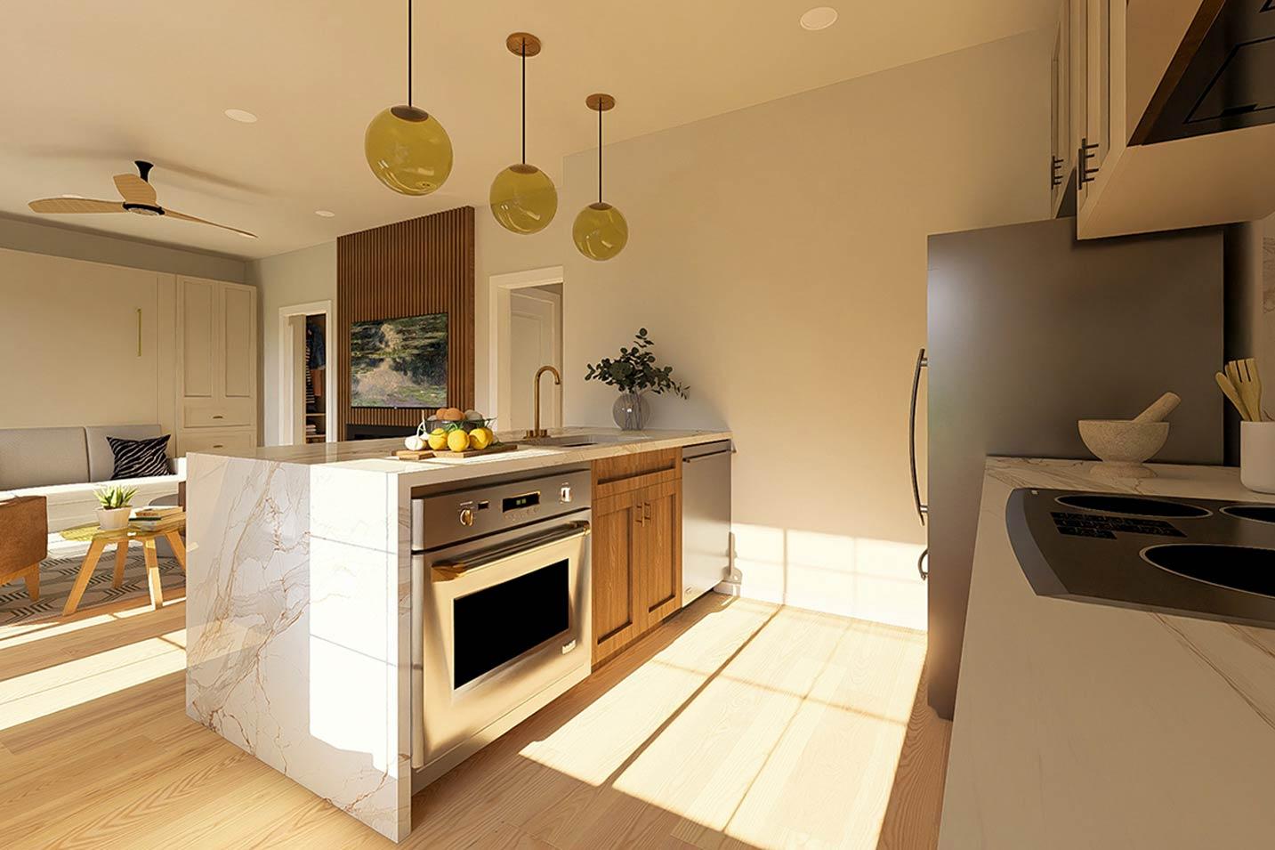 Modern kitchen with marble island, integrated oven, wood cabinetry, stainless steel refrigerator, and pendant lighting.