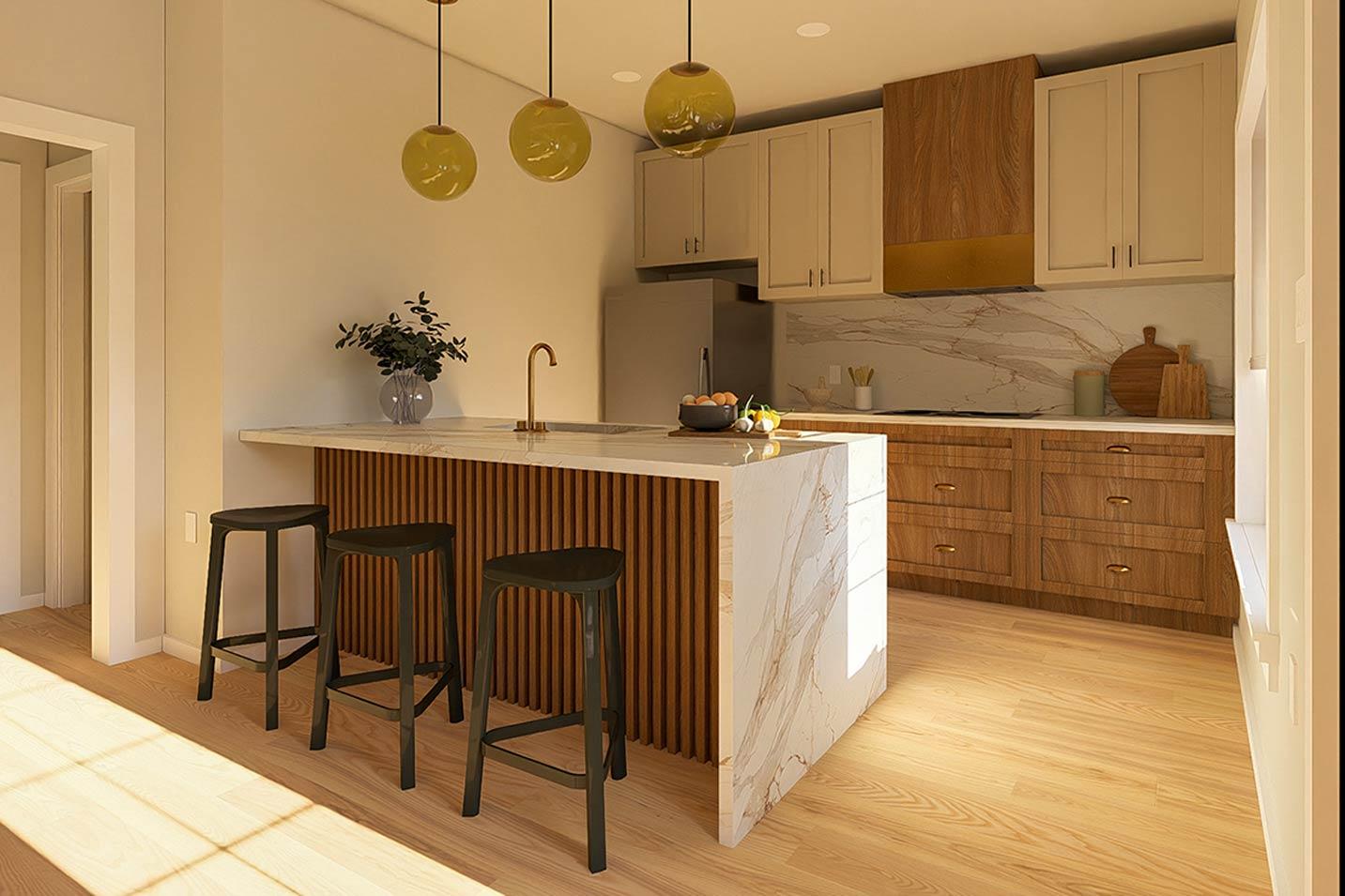 Kitchen rendering with marble waterfall island, fluted wood base, brass faucet, and light wood cabinetry.