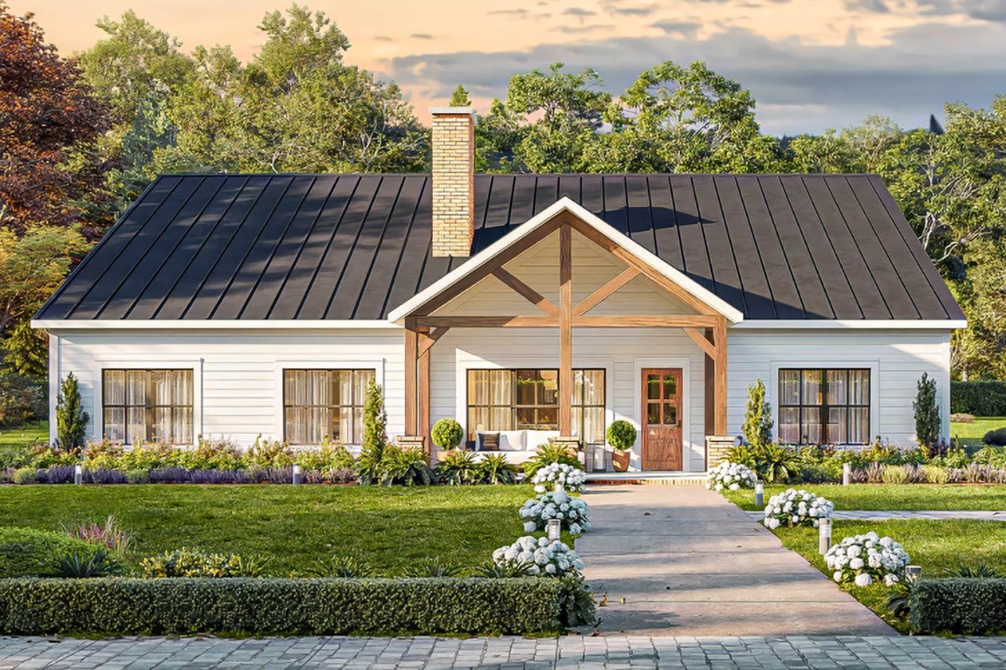 Modern farmhouse house plan exterior with a prominent gable roof, exposed wooden beams on the covered porch, and a brick chimney.