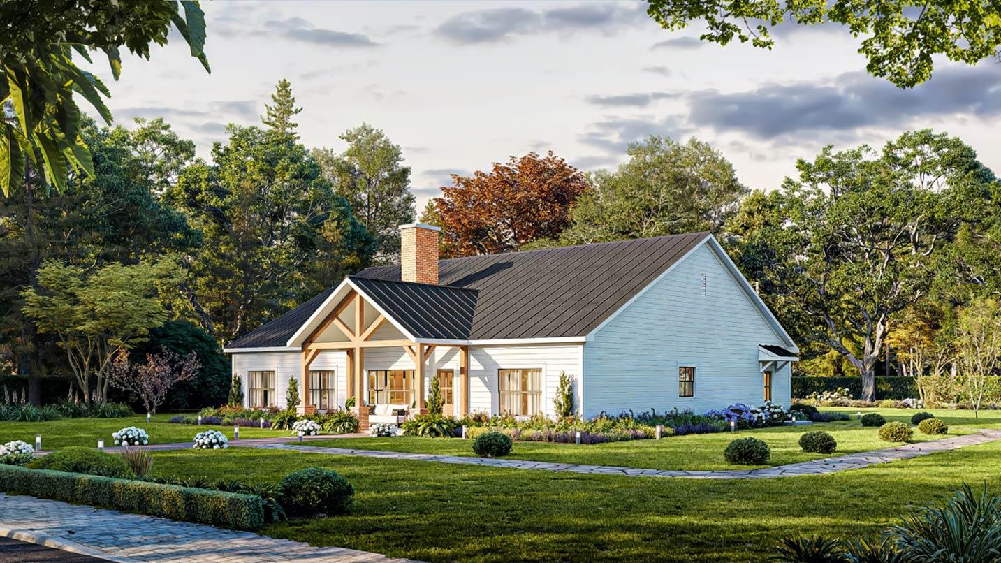 Modern Farmhouse house plan exterior with white siding, gable roof, exposed wood beams on porch, and brick chimney.