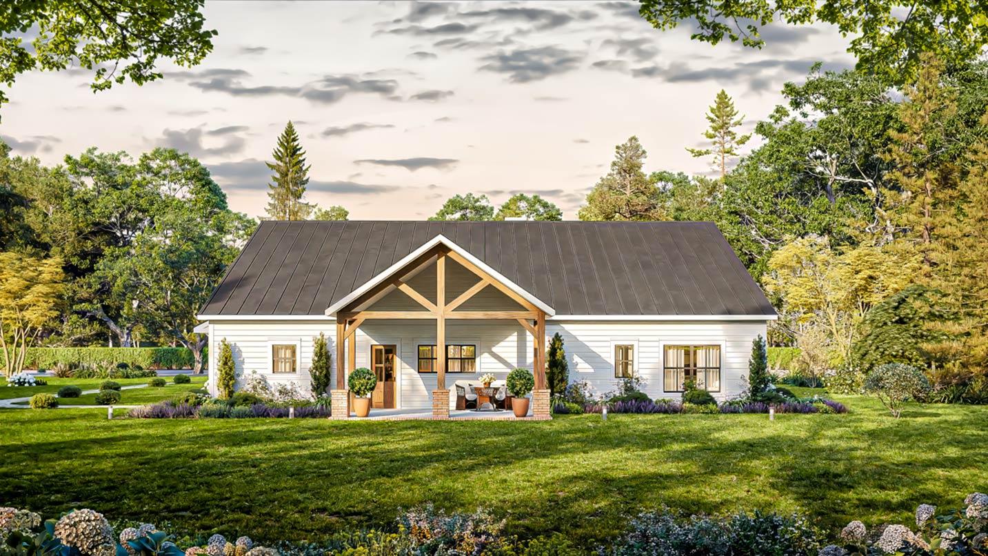 Modern Farmhouse house plan exterior: one story, metal gable roof, large covered porch with timber supports and brick base.