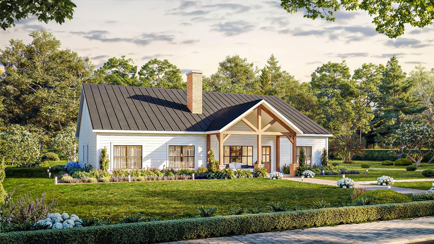 House plan exterior, modern farmhouse style, one story, with exposed beam gable entry and brick chimney.