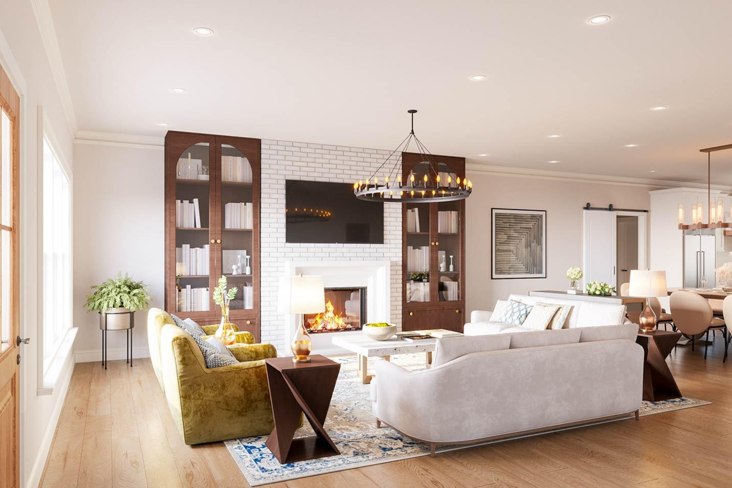 Living room with fireplace, built-in bookcases flanking the hearth, and an open layout leading to a dining area.