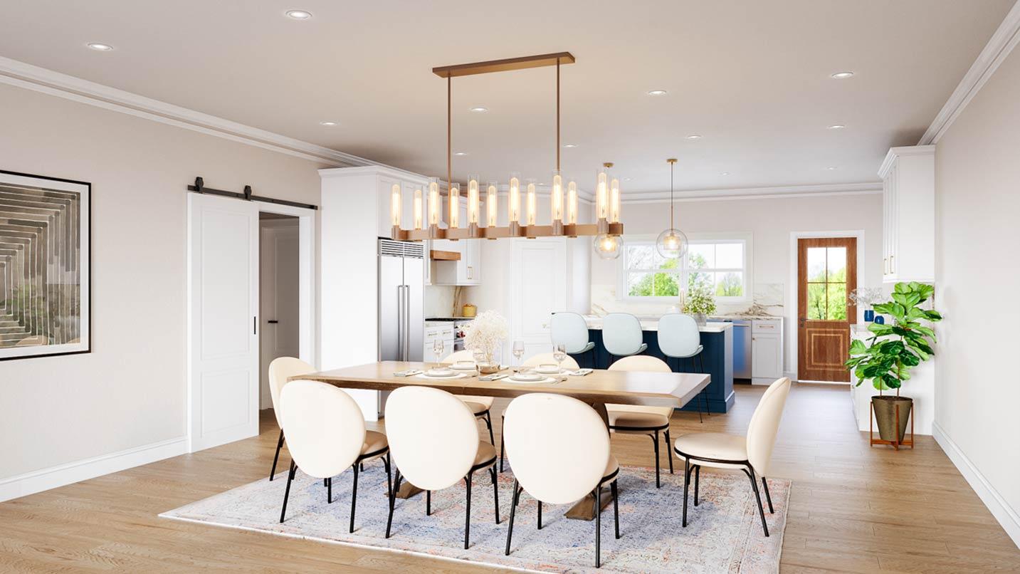 Interior rendering showing a dining area with a large table, bar stools, and a sliding barn door leading to a kitchen.