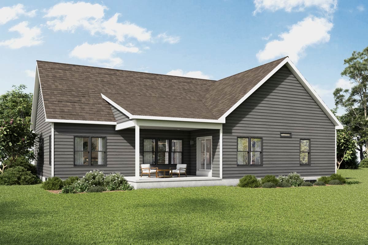 House plan exterior: one-story dwelling with dark gray siding, gable roof, covered patio, and multiple windows.