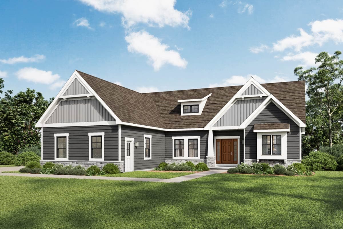 House plan exterior: One-story home with gable dormers, stone skirting, and a covered entry with a double door.