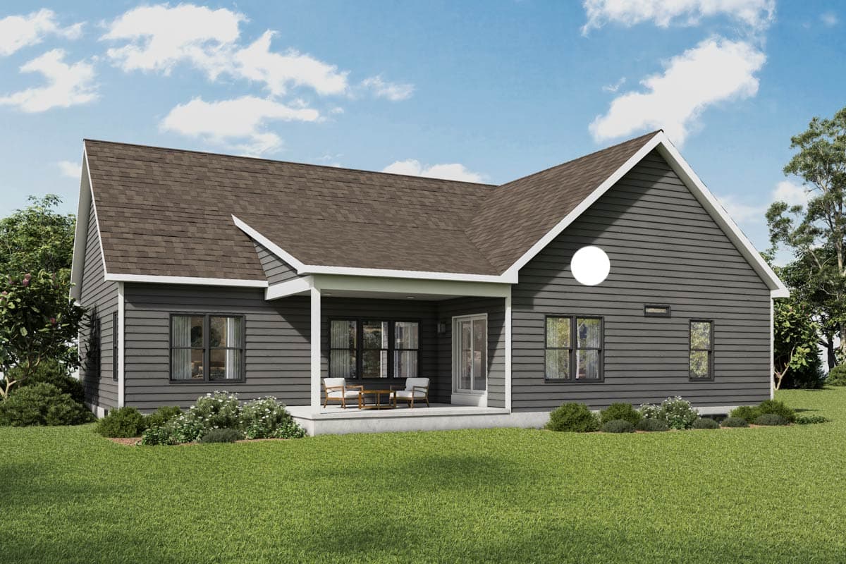 Ranch house plan exterior with gable roof, covered porch with seating, and horizontal siding.