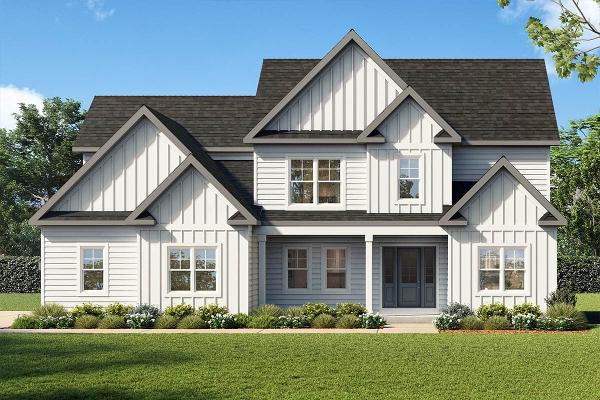 Modern Farmhouse house plan exterior with board and batten siding, gable rooflines, and a covered front porch.