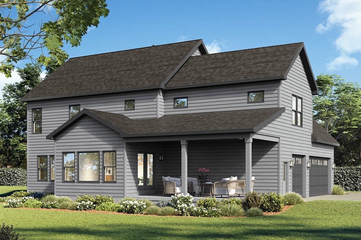 Two-story house plan exterior with gabled rooflines, covered porch, and attached two-car garage.