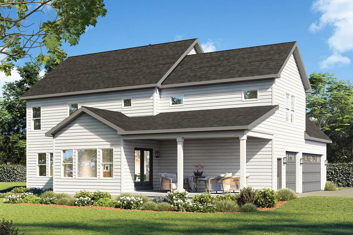House plan exterior: Two-story Modern Farmhouse with covered porch, gabled rooflines, and a two-car garage.