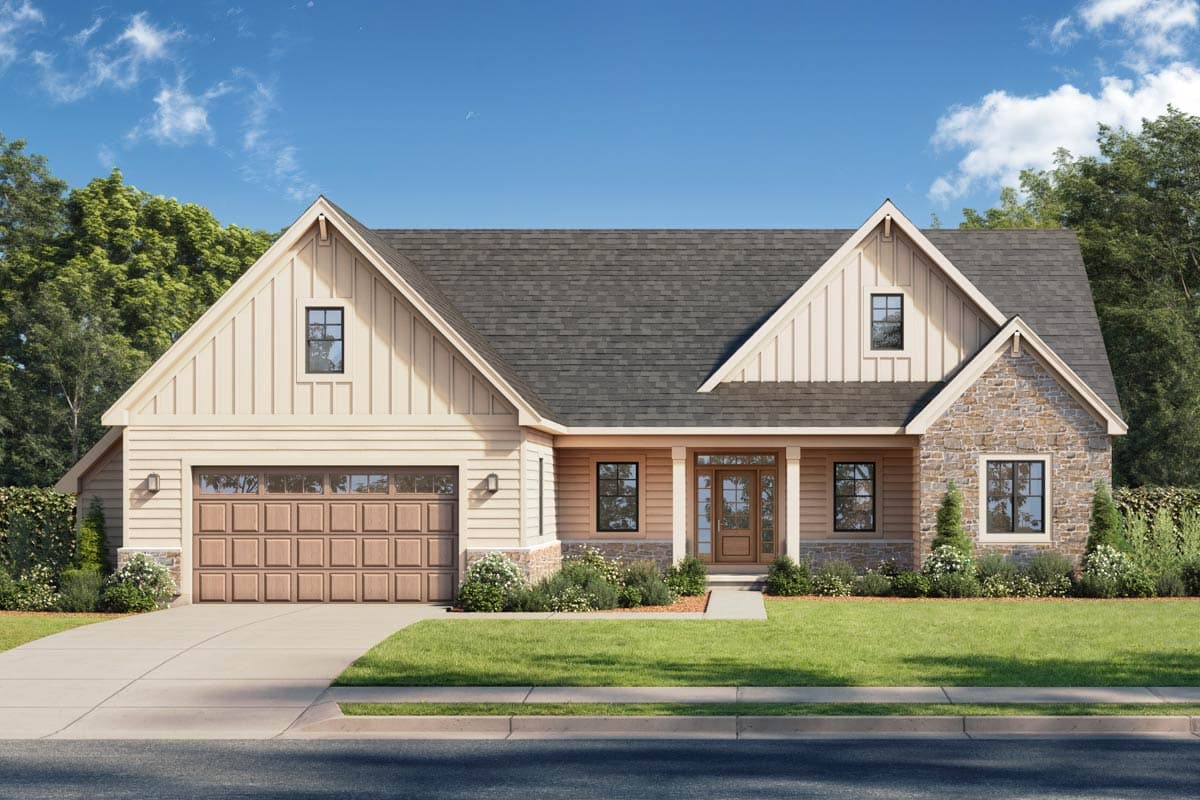 House plan exterior: Two-story modern farmhouse with gabled dormers, stone accents, covered entry, and attached garage.