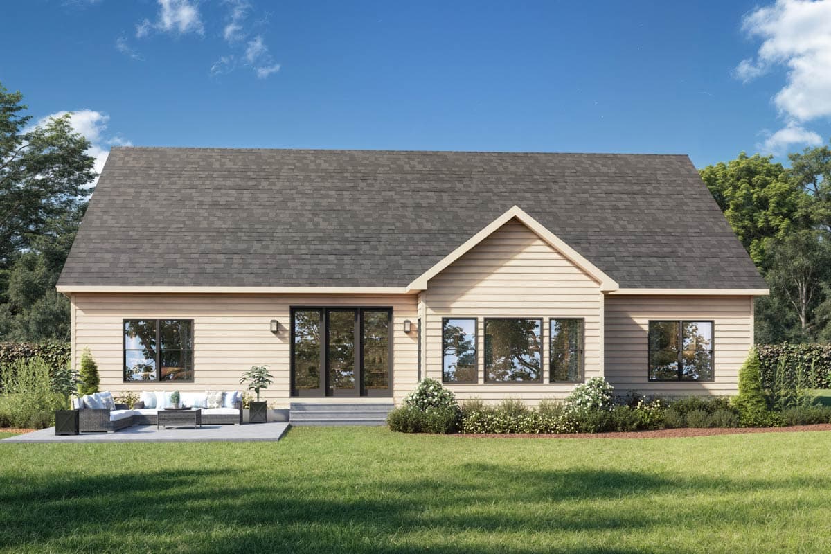 House plan exterior: Single-story home with a gable roof, horizontal siding, wide windows, and double doors opening to a patio.