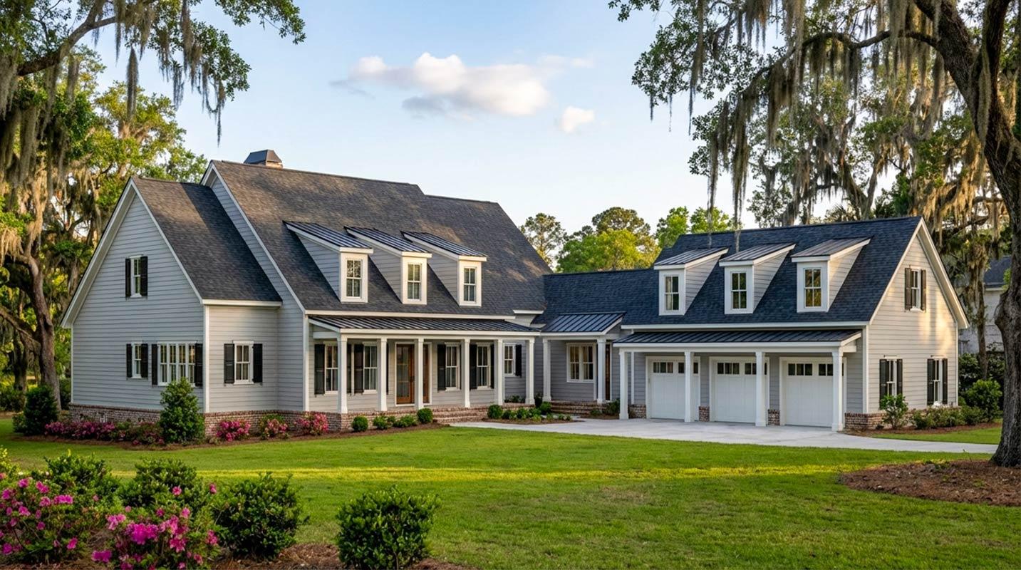 House plan exterior: Two-story Modern Farmhouse with wraparound porch, dormers, and a three-car garage.