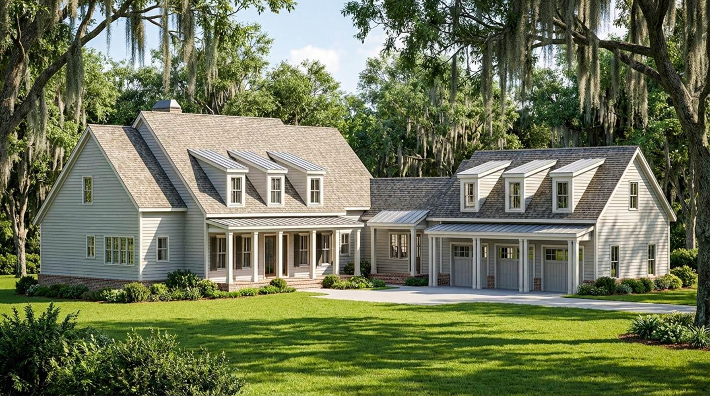 House plan exterior: Two-story Modern Farmhouse with wraparound porch, three gables, three dormers, and a three-car garage.