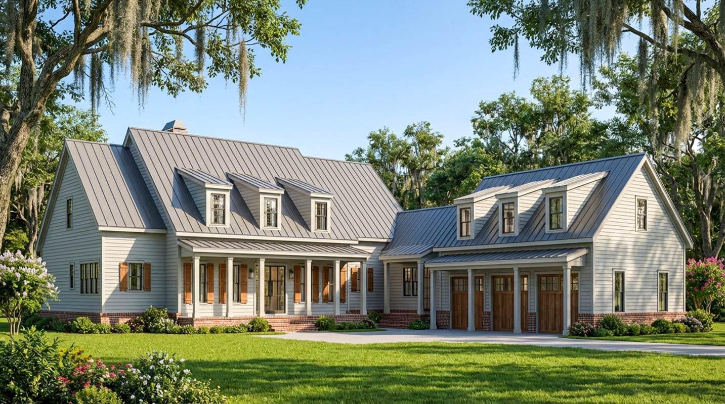 House plan exterior: Modern Farmhouse style, two stories, metal roof, dormers, front porch, and attached three-car garage.