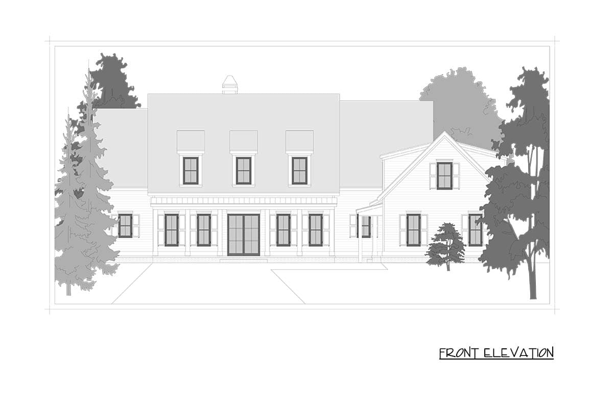 Front elevation drawing of a two-story house plan with dormers, a covered entry, and symmetrical window placement.