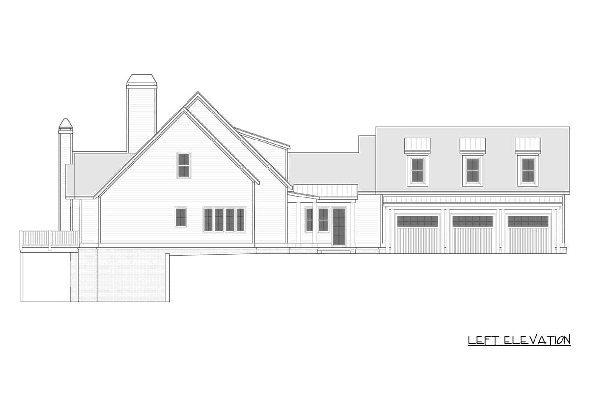 Left elevation house plan with gables, multiple chimneys, dormer windows, and a three-car garage.