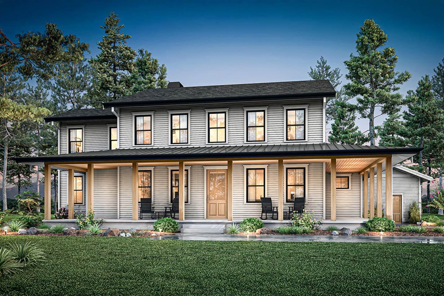 Two-story house plan exterior with wide wrap-around porch, gabled dormers, and metal roof.