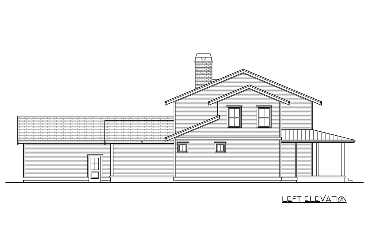 Left elevation drawing of a two-story house plan with a hip roof, dormers, chimney, and covered porch.