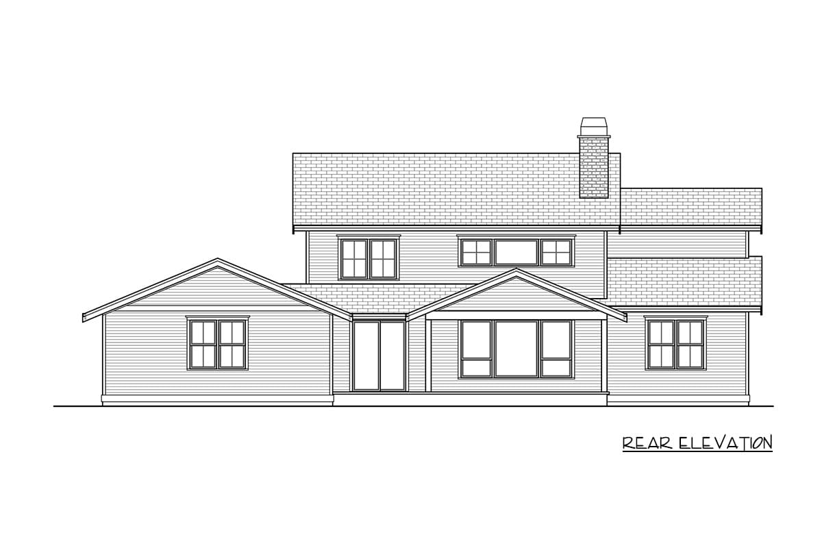 Rear elevation drawing of a two-story house plan with gabled roofs, a prominent chimney, and varied window styles.