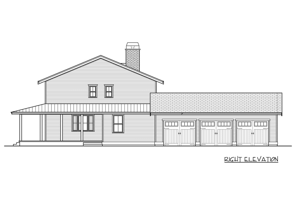 Right elevation house plan showing a two-story home with a wraparound porch, prominent chimney, and an attached five-car garage.