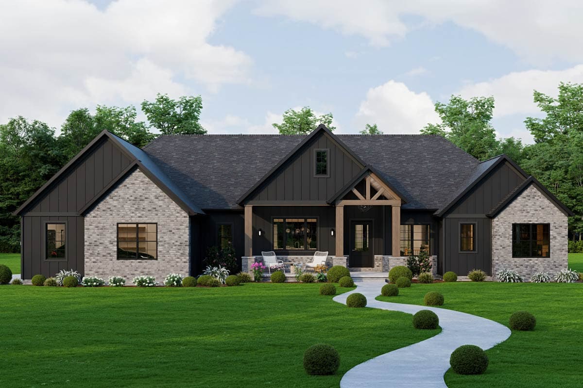 Modern Farmhouse house plan exterior with brick and vertical siding, gabled roof, and covered front porch.