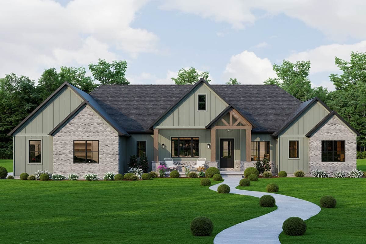 House plan exterior: Ranch style with brick and board-and-batten siding, covered entry porch with wood beams, and gabled rooflines.
