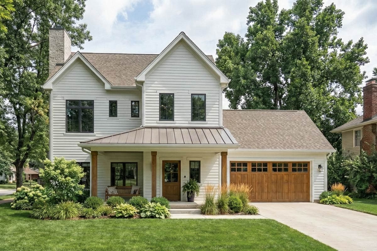 House plan exterior: Two-story Modern Farmhouse with stone chimney, gabled dormer, metal-roofed porch, and wood garage door.