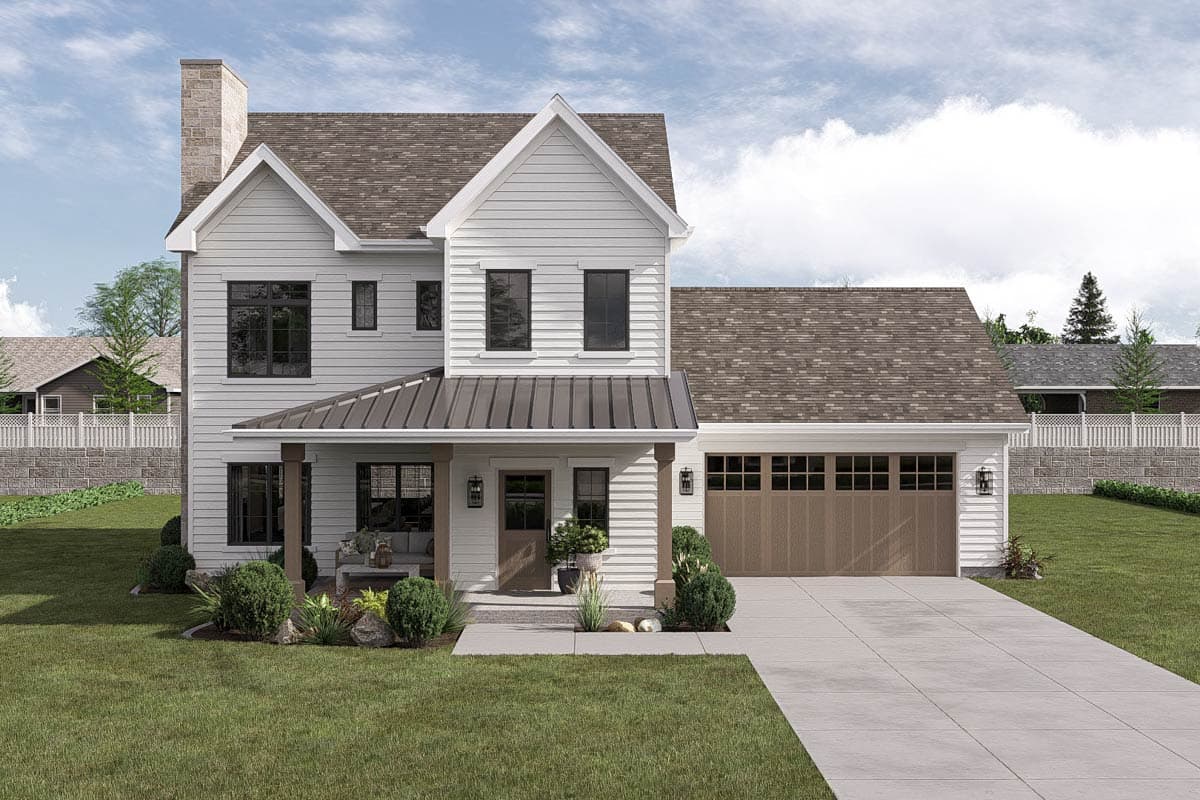 House plan exterior: two-story modern farmhouse with stone chimney, gabled dormers, covered front porch, and attached two-car garage.