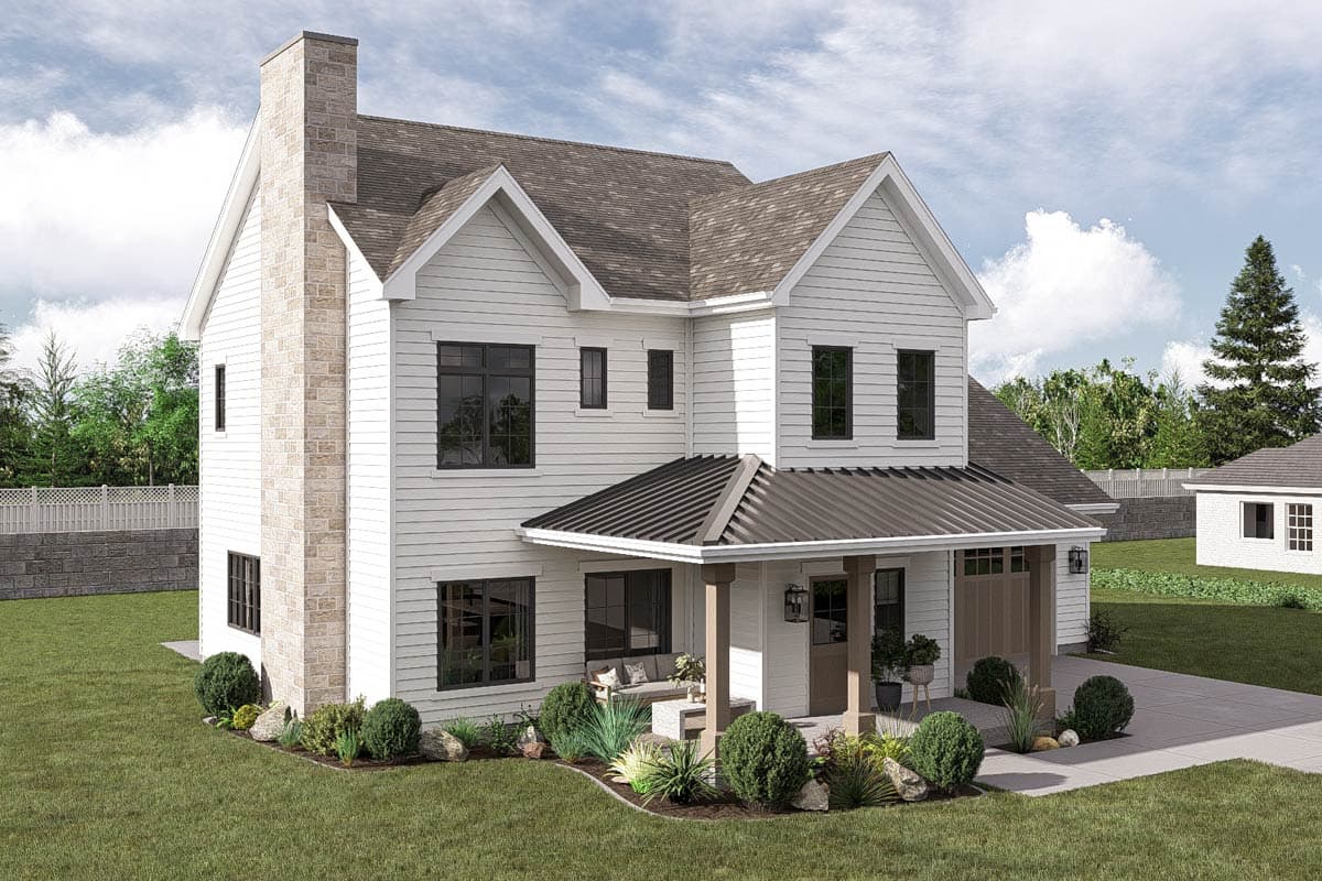 House plan exterior: Two-story Modern Farmhouse with prominent stone chimney, covered front porch with metal roof, and attached garage.