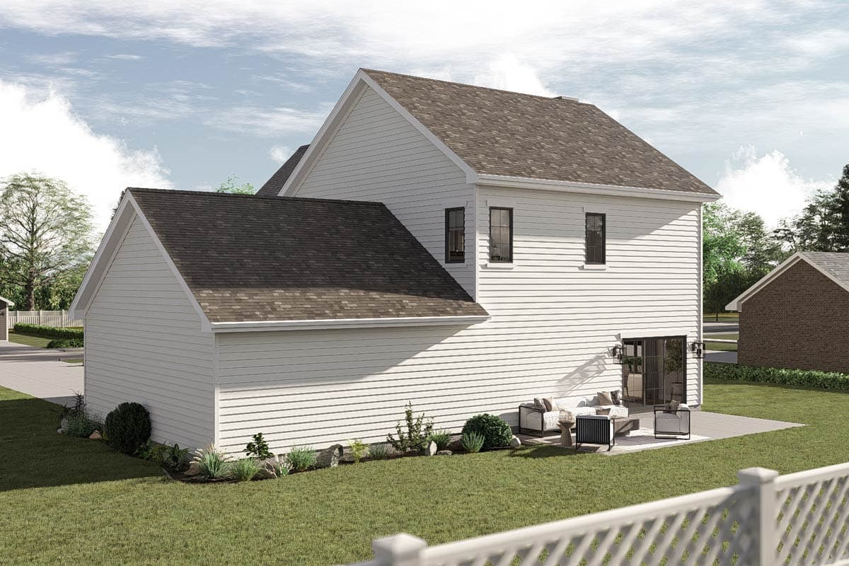 House plan exterior: two-story Modern Farmhouse with white siding, gabled roof, and rear patio with seating.