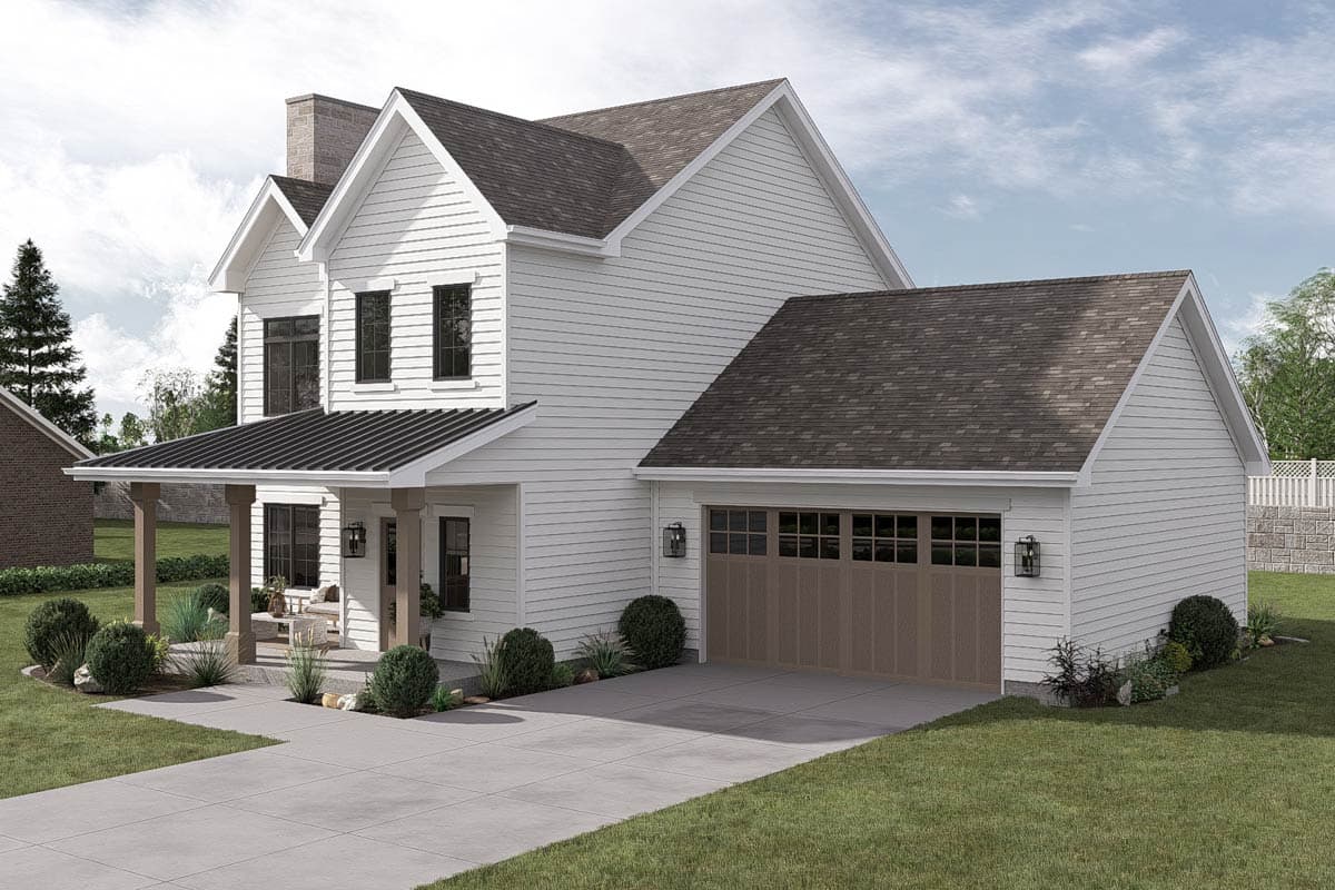 Modern Farmhouse style house plan exterior with a covered front porch, gables, and a three-car garage.