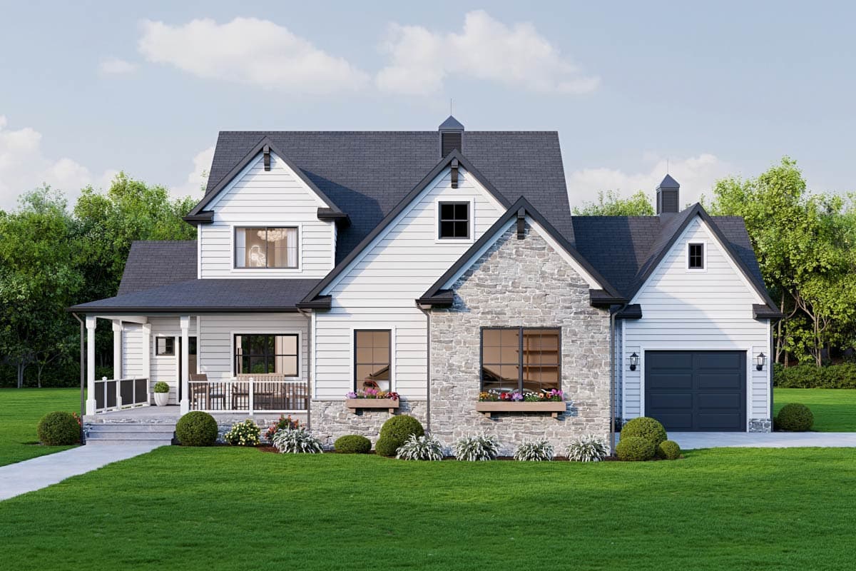 House plan exterior: Two-story Modern Farmhouse with stone facade, covered porch, gables, and attached garage.