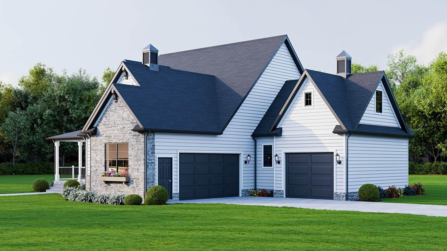 House plan exterior featuring stone accents, white siding, a covered porch, and a three-car garage.
