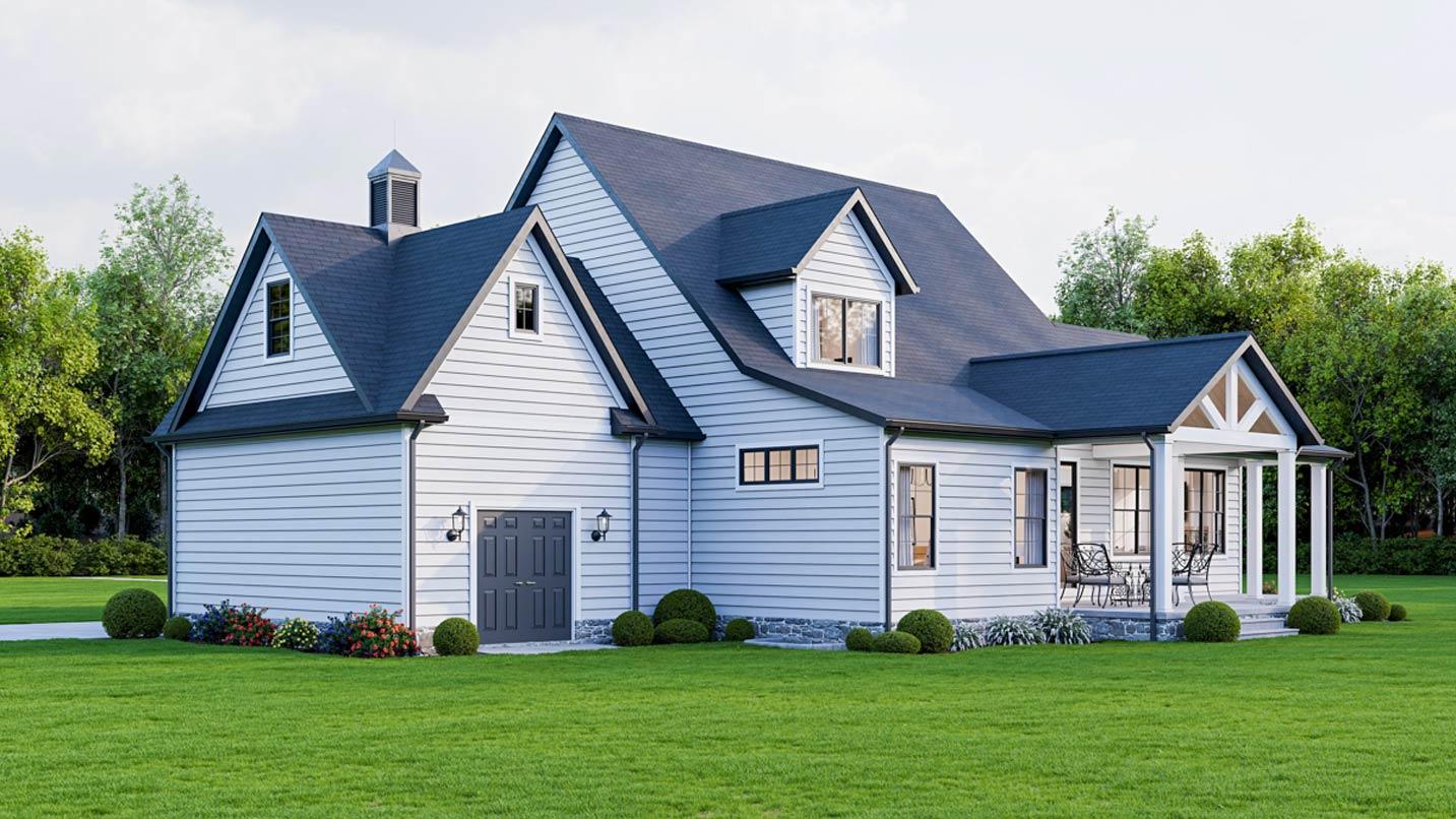 Modern Farmhouse house plan exterior with a side garage, prominent gables, dormer, and covered front porch.