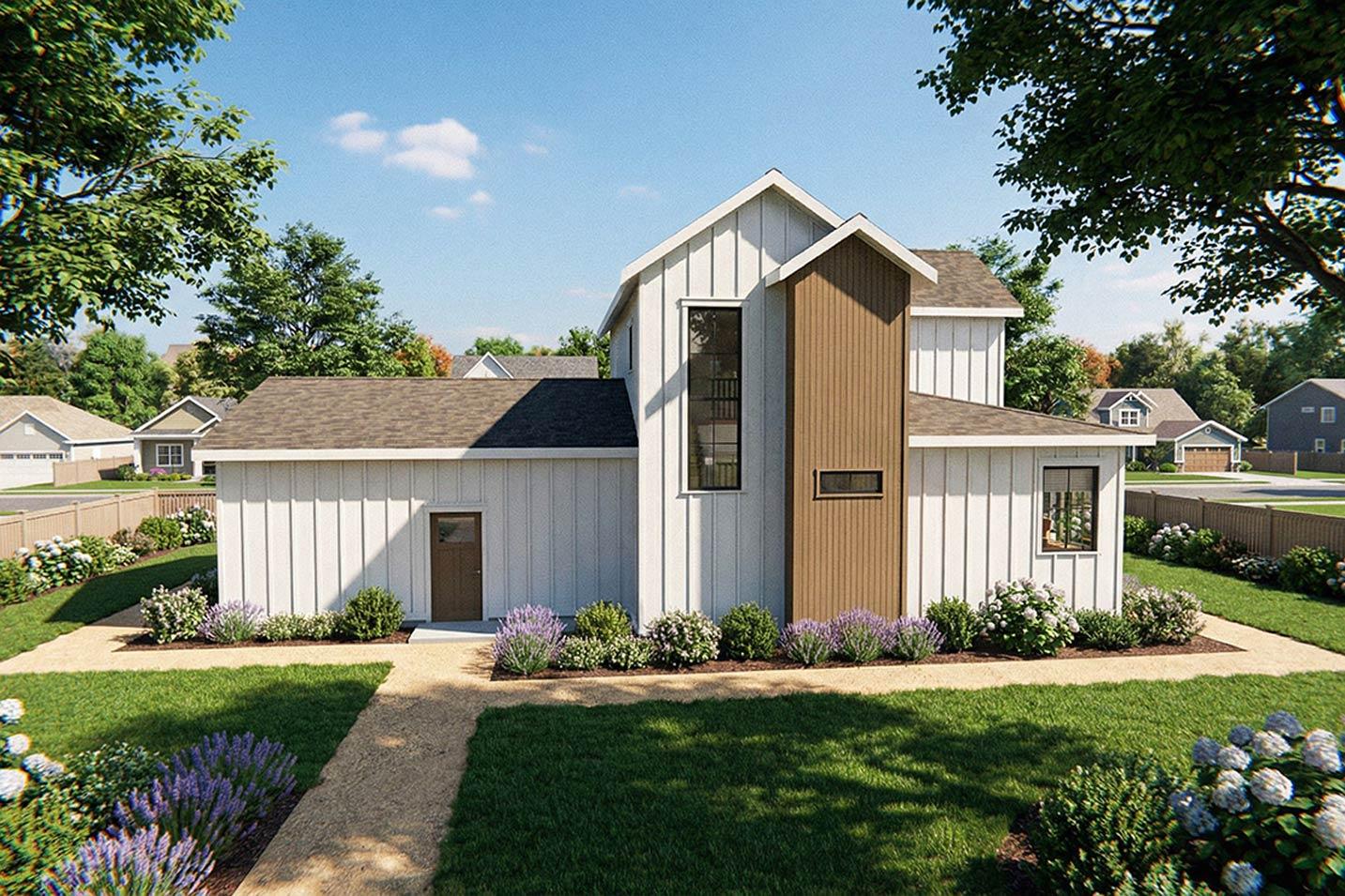 Modern farmhouse house plan exterior, two stories, vertical siding, gable roof, and accent wood paneling.