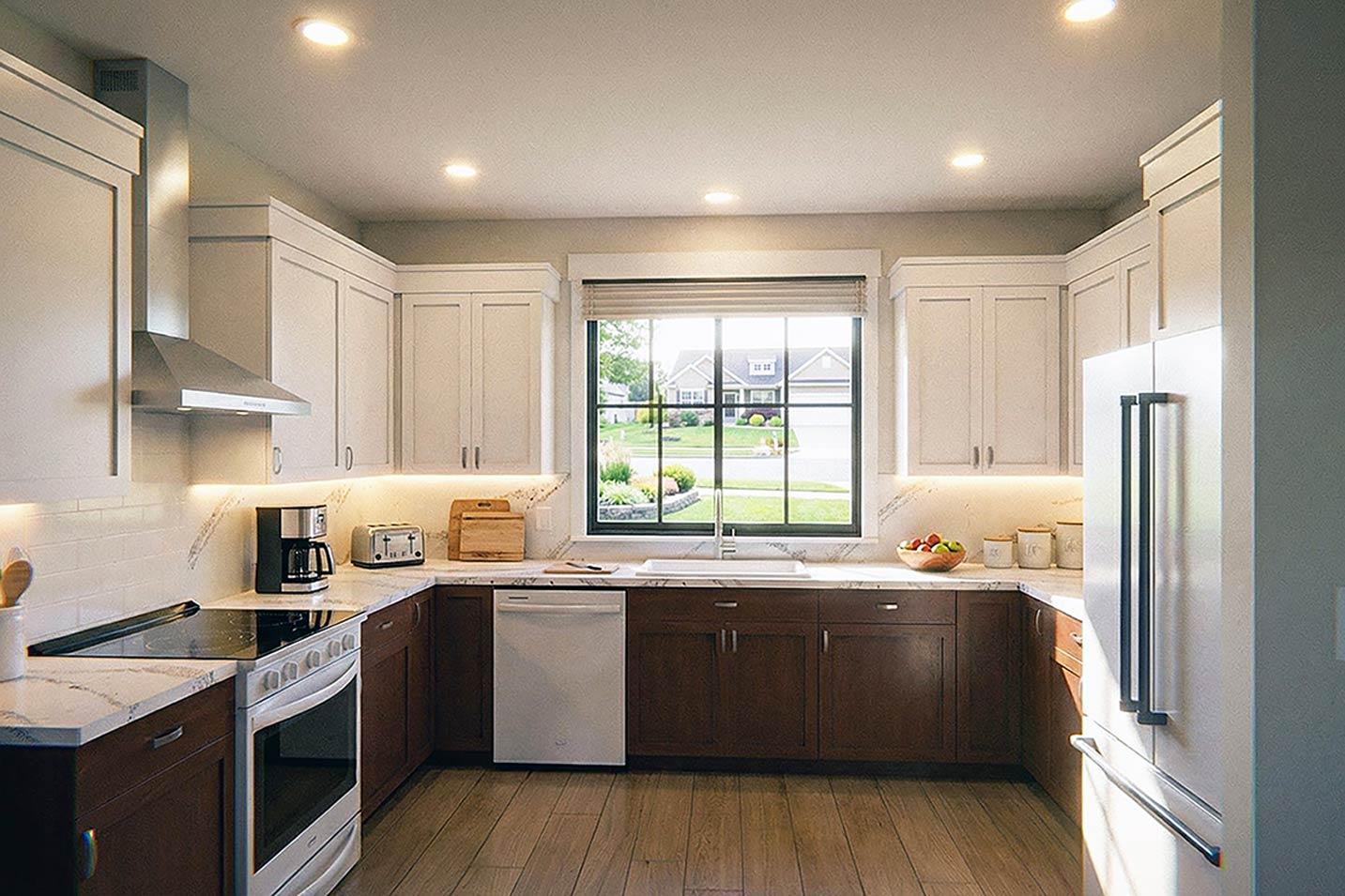 Kitchen rendering with white upper cabinets, dark lower cabinets, stainless steel appliances, and a large window overlooking a yard.